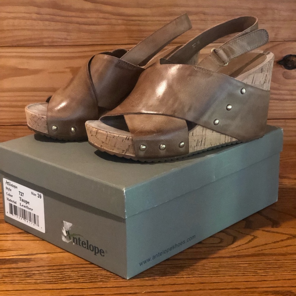 Antelope Tan Wedge Sandals with Studded Details